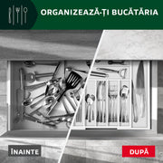 Organizator extensibil pentru tacamuri si ustensile NextWave® – bambus natural lacuit, finisaj negru elegant, 9 compartimente adanci (4, 8 cm), latime ajustabila 34–50 cm, lungime 44, 5 cm, design premium si eco-friendly pentru bucatarie. Alb