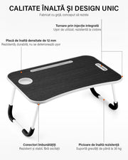 NextWave® Masa Portabila si Pliabila pentru Laptop 60×40 cm, Birou Lap Table pliabil cu Perna, Suport Pahar & Slot Tableta, maner de transport, picioare antiderapante – ideal pentru pat, canapea, birou, culoare Negru