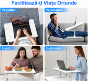 Masa Laptop Pliabila NextWave®, Suport Reglabil pentru Pat si Canapea, Inaltime si Inclinare Ajustabila, Picioare Pliabile, Opritor Antialunecare, pentru Laptop, Lucru, Citit, Scris, Blat Alb cu Model Marmura