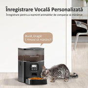 Hranitor Automat Digital Pisici si Caini NextWave®, Dispenser 4L, Rezervor Transparent, Mesaj Vocal Personalizat, 4 Mese/Zi, Control Portii, Hrana Uscata, Anti-Blocare, Protectie Antifurt, Bol Inox, Alimentare Dubla Retea/Baterii, Usor de Curatat, Negru