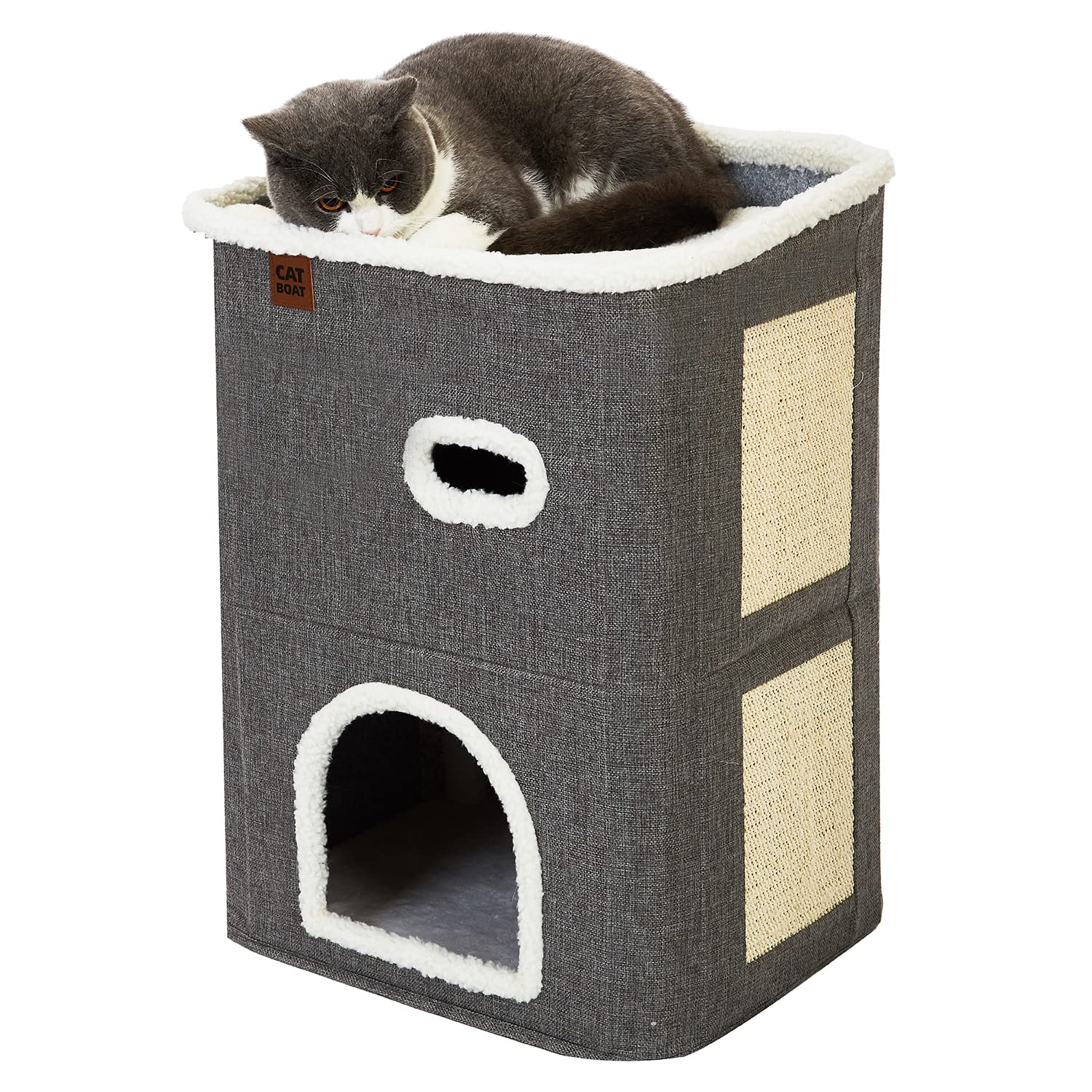 Casa Pisici NextWave®, Casuta Pliabila Tip Pestera, Pat Interior cu Platforma Superioara, Ansamblu de Zgariat Sisal, Minge Pufoasa, Perne Reversibile Detasabile, MDF Stabil, pentru Pisici si Animale Mici, 40 x 40 x 32 cm, Gri
