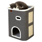 Casa Pisici NextWave®, Casuta Pliabila Tip Pestera, Pat Interior cu Platforma Superioara, Ansamblu de Zgariat Sisal, Minge Pufoasa, Perne Reversibile Detasabile, MDF Stabil, pentru Pisici si Animale Mici, 40 x 40 x 32 cm, Gri