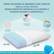 Perna ortopedica pentru dormit NextWave, Spuma cu Memorie cu gel ventilata, Husa detasabila cu 2 zone termice, ergonomica pentru Gat si Suport Cervical, Ideala pentru dormitul lateral, spate sau stomac, 60x40x9 cm