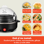 Aparat electric NextWave® pentru fiert oua – 360W, capacitate 7 oua, fierbere moale/medie/tare, functie posare si omleta, tava inclusa, oprire automata, carcasa cu inox, Negru