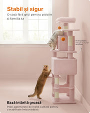 Ansamblu de Joaca pentru pisici, NextWave®, tip turn, 2 platforme de observatie, 3 niveluri, 2 casuta, 5 stalpi pentru zgariat, hamac, mingiute de joaca, inaltime 155 cm, roz