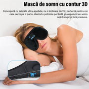 Masca de somn cu casti Bluetooth NextWave®️, design 3D conturat, sunet stereo HD si microfon, Bluetooth 5.2, autonomie 12h, incarcare rapida 1h, material spuma cu memorie si plus respirabil, banda elastica reglabila, negru