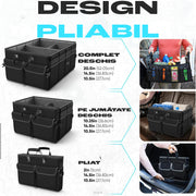 Organizator portbagaj auto pliabil NextWave®️, capacitate mare 55×40×26 cm, compartimentare cu separator detasabil, 2 placi de baza, chingi de fixare, capac inclus, material poliester rezistent