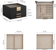 NextWave® Cutie de bijuterii pe 3 niveluri cu 2 sertare – caseta eleganta din piele ecologica neagra cu interior catifelat, spatii dedicate pentru inele, verighete, cercei, bratari si lanturi, design rafinat si compact, ideala pentru organizare, Negru