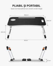 NextWave® Masa Portabila si Pliabila pentru Laptop 60×40 cm, Birou Lap Table pliabil cu Perna, Suport Pahar & Slot Tableta, maner de transport, picioare antiderapante – ideal pentru pat, canapea, birou, culoare Negru