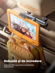 Suport auto tetiera NextWave®️, reglabil pe 3 axe pentru tablete si telefoane 4,7–11 inch, sistem metalic pliabil cu prindere solida, rotatie 360°, compatibil universal, negru