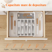 Organizator extensibil pentru tacamuri si ustensile de bucatarie NextWave® – suport sertar ajustabil 33–57 cm, cu 7–9 compartimente modulare, plastic rezistent BPA-free, design compact si practic pentru depozitare ordonata in bucatarie, Negru