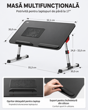 Masa Laptop Pliabila NextWave®, Ventilator Racire USB, Inclinare Ajustabila, Suport Reglabil pentru Pat si Canapea, Picioare Pliabile, Spatiu Mouse, Suport Antialunecare, pentru Laptop pana la 17 inch, Lucru, Citit, Scris