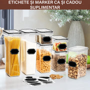 Set 24 cutii depozitare alimente NextWave® – plastic alimentar transparent fara BPA, capace etanse cu garnitura, 4 dimensiuni mixte, reutilizabile si stivuibile, ideale pentru paste, faina, zahar, cereale, orez si alte alimente uscate, cu etichete si mark