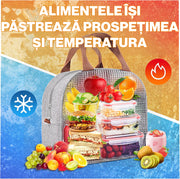 Geanta termoizolanta pranz 11L NextWave® – impermeabila si anti-scurgeri, material Oxford rezistent cu interior folie aluminiu, pastreaza alimentele si bauturile reci sau calde, dimensiuni 29×18×22 cm, ideala pentru birou, picnic si calatorii, Gri