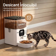 Hranitor Automat Digital Pisici si Caini NextWave®, Dispenser 4L, Rezervor Transparent, Mesaj Vocal Personalizat, 4 Mese/Zi, Control Portii, Hrana Uscata, Anti-Blocare, Protectie Antifurt, Bol Inox, Alimentare Dubla Retea/Baterii, Usor de Curatat, Alb