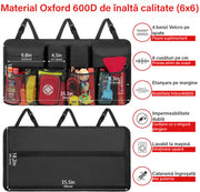 Organizator portbagaj auto suspendat NextWave®️, material Oxford 600D impermeabil, 8 buzunare incapatoare, benzi Velcro pentru fixare, cusaturi intarite, catarama rezistenta, dimensiuni 90×46 cm