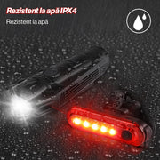 Set Lumini Bicicleta, Trotineta Fata Spate BeGenius®, Far si Stop Reincarcabil USB, Far 4 Moduri si Stop cu 4 Moduri de Functionare, Vizibil pe Timp de Noapte si Zi, Montaj Simplu si Rapid, Rezistent la Apa IP65, Negru