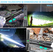 Lanterna BeGenius®, Focalizare Reglabila, 5 Moduri de Putere, LED P70, Baterie 5000 mAh, 2000lm, Iluminare Intensa pe Termen Lung, Rezistenta la Apa, Ideala pentru Camping, Drumetii, Supravietuire, Urgente si Exploarare, Neagra