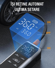 Compresor auto portabil digital NextWave®, debit 34 L/min, presiune 150 PSI, alimentare 12V DC si acumulator reincarcabil, oprire automata, ecran LCD, Power Bank si lumina LED SOS – pentru anvelope auto, motociclete, biciclete si mingi, Negru Metalic