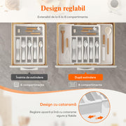 Organizator extensibil pentru tacamuri si ustensile de bucatarie NextWave® – suport sertar ajustabil 33–57 cm, cu 7–9 compartimente modulare, plastic rezistent BPA-free, design compact si practic pentru depozitare ordonata in bucatarie, Negru