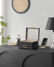 NextWave® Cutie de bijuterii pe 3 niveluri cu 2 sertare – caseta eleganta din piele ecologica neagra cu interior catifelat, spatii dedicate pentru inele, verighete, cercei, bratari si lanturi, design rafinat si compact, ideala pentru organizare, Negru