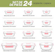 Set 12 Caserole Alimentare din sticla NextWave®️ Capace Etanse, Depozitare Frigider si Congelator, Potrivite pentru Microunde, Fara BPA, Organizare Bucatarie, Inchidere cu 4 Clipsuri, Usor de Curatat, Transparent, Roz