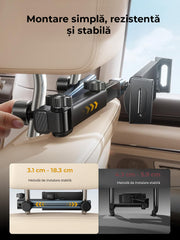 Suport auto tetiera NextWave®️, reglabil pe 3 axe pentru tablete si telefoane 4,7–11 inch, sistem metalic pliabil cu prindere solida, rotatie 360°, compatibil universal, negru