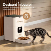 Hranitor Automat Digital Pisici si Caini NextWave®, Dispenser 4L, Rezervor Transparent, Mesaj Vocal Personalizat, 4 Mese/Zi, Control Portii, Hrana Uscata, Anti-Blocare, Protectie Antifurt, Bol Inox, Alimentare Dubla Retea/Baterii, Usor de Curatat, Alb