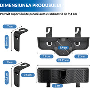 Set 2 Organizatoare Auto Spate NextWave®, 3-in-1 cu Suport Pahar, Depozitare Accesorii, Carlige Reglabile, Plastic Durabil, Negru