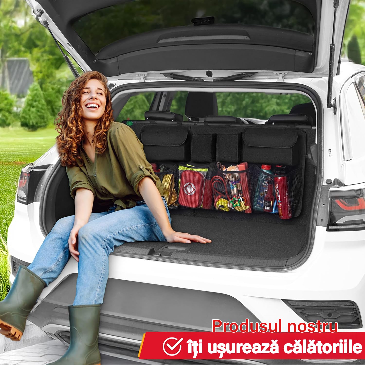 Organizator portbagaj auto suspendat NextWave®️, material Oxford 600D impermeabil, 8 buzunare incapatoare, benzi Velcro pentru fixare, cusaturi intarite, catarama rezistenta, dimensiuni 90×46 cm