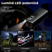 Compresor auto portabil NextWave® digital, 150 PSI, 30 L/min, acumulator reincarcabil, ecran LCD, oprire automata, lanterna LED, pentru anvelope auto, moto, biciclete si mingi, Negru