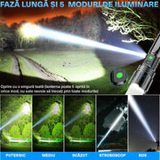 Lanterna BeGenius®, Focalizare Reglabila, 5 Moduri de Putere, LED P70, Baterie 5000 mAh, 2000lm, Iluminare Intensa pe Termen Lung, Rezistenta la Apa, Ideala pentru Camping, Drumetii, Supravietuire, Urgente si Exploarare, Neagra