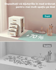 NextWave® Cutie de bijuterii verticala rotativa 360° cu 5 sertare, 18 carlige pentru coliere, compartimente pentru inele si cercei, interior catifelat, exterior din piele ecologica, geam frontal transparent, dimensiuni 16 × 22,2 × 28,5 cm, Alb