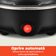 Aparat electric NextWave® pentru fiert oua – 360W, capacitate 7 oua, fierbere moale/medie/tare, functie posare si omleta, tava inclusa, oprire automata, carcasa cu inox, Negru