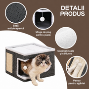 Casa Pisici NextWave®, Casuta Pliabila Tip Pestera, Pat Interior cu Platforma Superioara, Ansamblu de Zgariat Sisal, Minge Pufoasa, Perne Reversibile Detasabile, MDF Stabil, pentru Pisici si Animale Mici, 40 x 40 x 32 cm, Gri Inchis