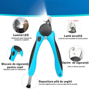 Foarfeca profesionala pentru taierea unghiilor la caini si pisici, Iluminare Led NextWave®, extra ascutit pentru unghii groase, previne taierea excesiva a unghiei, ABS/Inox, Alb
