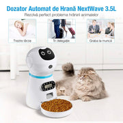 Hranitor Automat Digital Pisici si Caini NextWave®, Dispenser Hrana 3.5L, Bol Inox Premium, Control Portii, Mesaj Vocal Personalizat, Programare 4 Mese/Zi, Temporizator Digital, Senzor Infrarosu Anti-Blocare, Alimentare Dubla Priza/Baterii, 1.5W, Alb