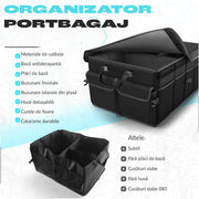 Organizator portbagaj auto pliabil NextWave®️, capacitate mare 55×40×26 cm, compartimentare cu separator detasabil, 2 placi de baza, chingi de fixare, capac inclus, material poliester rezistent