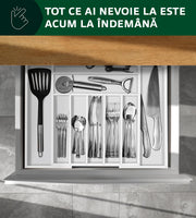 Organizator extensibil pentru tacamuri si ustensile NextWave® – bambus natural lacuit, finisaj negru elegant, 9 compartimente adanci (4, 8 cm), latime ajustabila 34–50 cm, lungime 44, 5 cm, design premium si eco-friendly pentru bucatarie. Alb