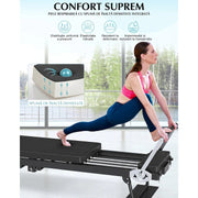 Aparat Pilates Reformer pliabil NextWave®️, antrenament complet pentru acasa, rezistenta dubla cu 4 arcuri si 5 corzi, jump board inclus, bara reglabila in 4 pozitii, cadru din otel carbon, sarcina maxima 181,4 kg, 231,9 cm, Negru