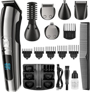Masina de tuns si Aparat de ras BeGenius®, Multifunctionala 11 in 1, Lame Inox, Corp Metal, Profesional, Barba, Cap, Inghinal, Fara Fir, Acumulator Aparat 2000mAh, Trimmer Nas Inclus, Argintiu