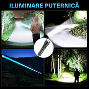 Lanterna BeGenius®, Focalizare Reglabila, 5 Moduri de Putere, LED P70, Baterie 5000 mAh, 2000lm, Iluminare Intensa pe Termen Lung, Rezistenta la Apa, Ideala pentru Camping, Drumetii, Supravietuire, Urgente si Exploarare, Neagra