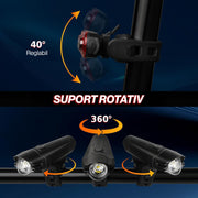 Set Lumini Bicicleta, Trotineta Fata Spate BeGenius®, Far si Stop Reincarcabil USB, Far 4 Moduri si Stop cu 4 Moduri de Functionare, Vizibil pe Timp de Noapte si Zi, Montaj Simplu si Rapid, Rezistent la Apa IP65, Negru