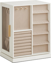 NextWave® Cutie de bijuterii verticala rotativa 360° cu 5 sertare, 18 carlige pentru coliere, compartimente pentru inele si cercei, interior catifelat, exterior din piele ecologica, geam frontal transparent, dimensiuni 16 × 22,2 × 28,5 cm, Alb