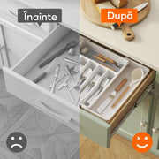 Organizator extensibil pentru tacamuri si ustensile de bucatarie NextWave® – suport sertar ajustabil 33–57 cm, cu 7–9 compartimente modulare, plastic rezistent BPA-free, design compact si practic pentru depozitare ordonata in bucatarie, Negru