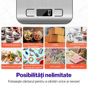 Cantar de bucatarie digital NextWave® din otel inoxidabil 304 – capacitate 5 kg cu precizie de 1 g, display LCD iluminat, 5 unitati de masura (g, kg, oz, ml, lb), functie tare si design compact, ideal pentru gatit si patiserie