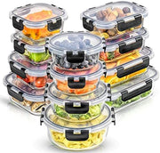 Set 12 Caserole Alimentare din sticla NextWave, Capace Etanse, Depozitare Frigider si Congelator, Potrivite pentru Microunde, Fara BPA, Inchidere cu 4 Clipsuri, Usor de Curatat, Transparent
