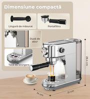 Espressor profesional NextWave® 20 bari, 1350W, rezervor 1.3L, din otel inoxidabil, spumator lapte integrat, functii automate pentru espresso, cappuccino, latte si alte bauturi pe baza de cafea