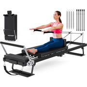 Aparat Pilates Reformer pliabil NextWave®️, antrenament complet pentru acasa, rezistenta dubla cu 4 arcuri si 5 corzi, jump board inclus, bara reglabila in 4 pozitii, cadru din otel carbon, sarcina maxima 181,4 kg, 231,9 cm, Negru