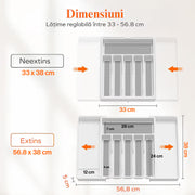 Organizator extensibil pentru tacamuri si ustensile de bucatarie NextWave® – suport sertar ajustabil 33–57 cm, cu 7–9 compartimente modulare, plastic rezistent BPA-free, design compact si practic pentru depozitare ordonata in bucatarie, Negru